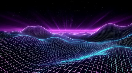 Futuristic Neon Landscape with Grid and Waves Under Starry Sky in Vibrant Colors and Dynamic Lighting Effects