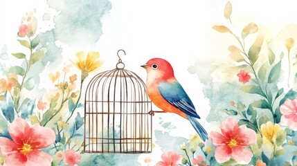 Watercolor Bird and Cage Illustration