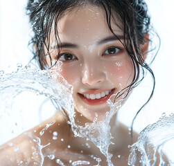 Skin care and hydration: a beautiful Asia woman with water splashing on her face, looking at the camera with a smile