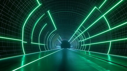 Futuristic Neon Tunnel with Glowing Lines and Digital Grid Design for Abstract Backgrounds and Visual Effects