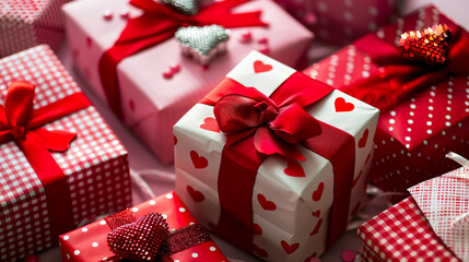Set of Different Gift Boxes for Valentine's Day: Various gift boxes for Valentine's Day celebration, arranged closely to highlight different designs and colors.