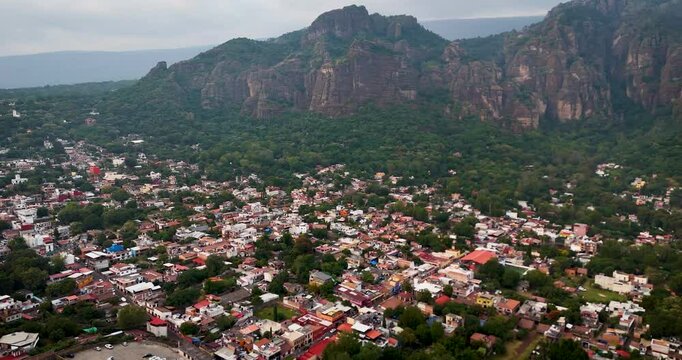 Panoramic aerial shot at sunset of the magical town of Tepoztl&aacute;n, surrounded by mountains, near Mexico City