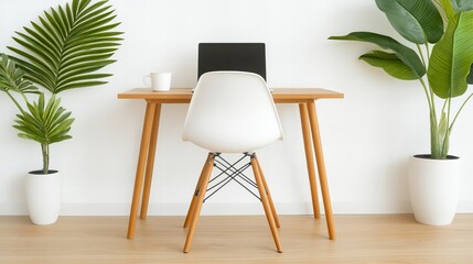 Modern minimalist workspace with wooden desk and potted plants