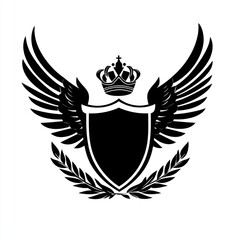 Black heraldic crest with wings, crown, and laurel wreath.