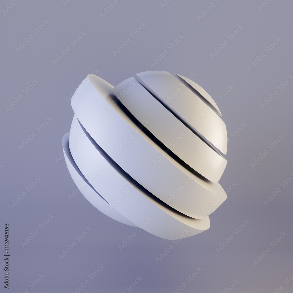 Poster Abstract digital illustration depicting a white sphere divided into segments, creating a sense of dynamism. 3d rendering