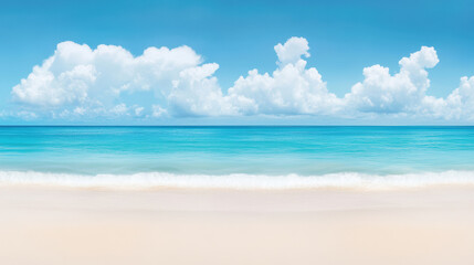 Fototapeta premium Serene Beachscape with Crystal Clear Water and Fluffy White Clouds in Bright Blue Sky Featuring Calm Ocean and Sandy Shoreline
