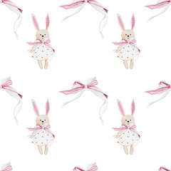 Nursery seamless patterns with cute bunny. Watercolor ornament with toys hand drawing. Illustration of rabbit with a bow on a white background. Children's design. Ideal for children's textiles