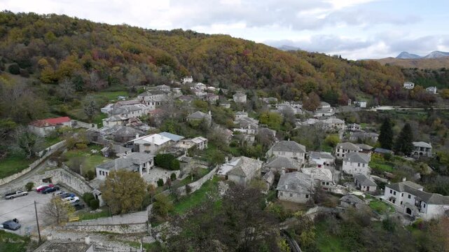 Koukouli Ioannina Zagorochoria Greece, Aerial Panoramic Shot, Point of Interest View, Epirus Region Traditional Villages