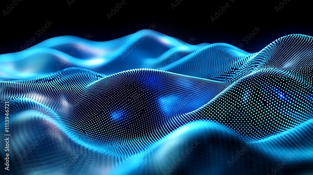 Poster intricate blue digital waves with illuminated patterns in a dark background for abstract visual conc