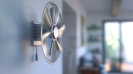 A modern wall-mounted fan in a bright, airy room, providing cooling and comfort.