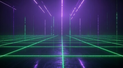 Neon Light Grid in Dark Space with Vibrant Purple and Green Glow for Futuristic Background Use