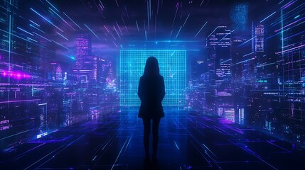 Silhouette of a Person in a Futuristic City with Neon Lights and Digital Effects at Night