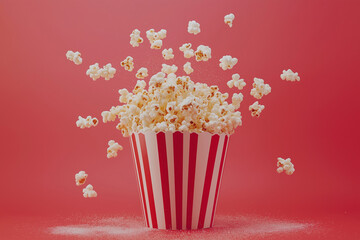 Popcorn burst from a classic striped container, a joyful movie theatre concept