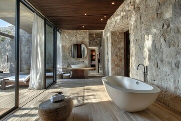 A modern bathroom with stone walls, natural wood flooring, and a freestanding bathtub in an open-air villa