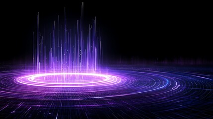 Vibrant Abstract Background with Purple Light Rays and Circular Patterns in Dark Space Environment