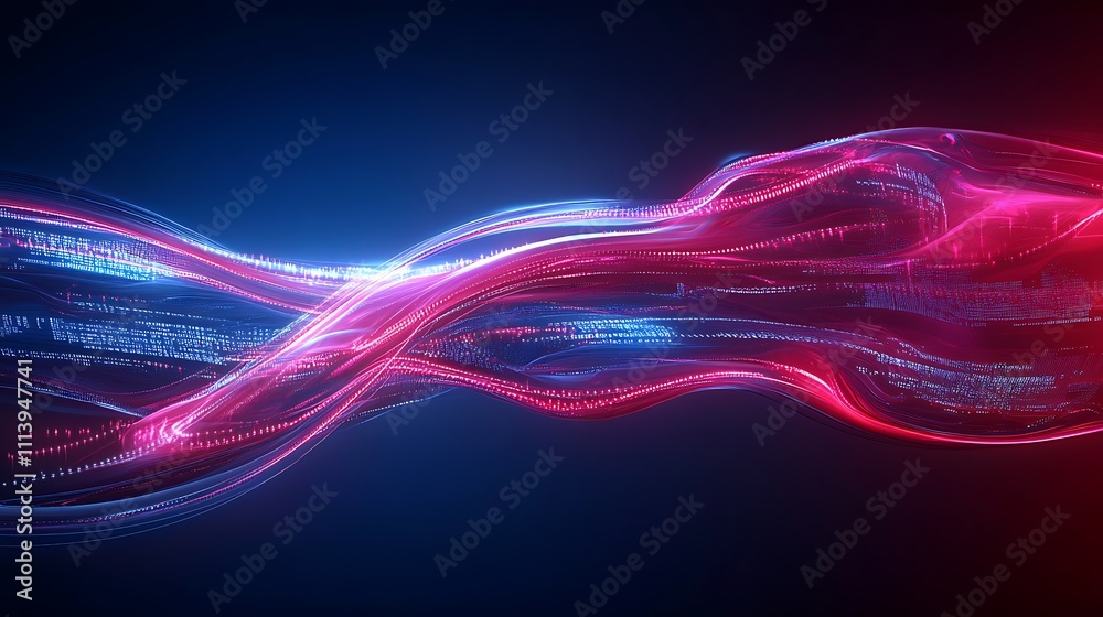 Poster Vibrant Abstract Digital Flow with Colorful Light Trails and Data Patterns in a Dark Background