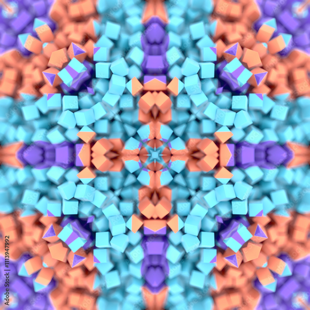 Poster Digital illustration of a symmetrical pattern of small multicolored cubes. The color palette is bright and includes shades of blue, purple, orange and pink. 3d rendering