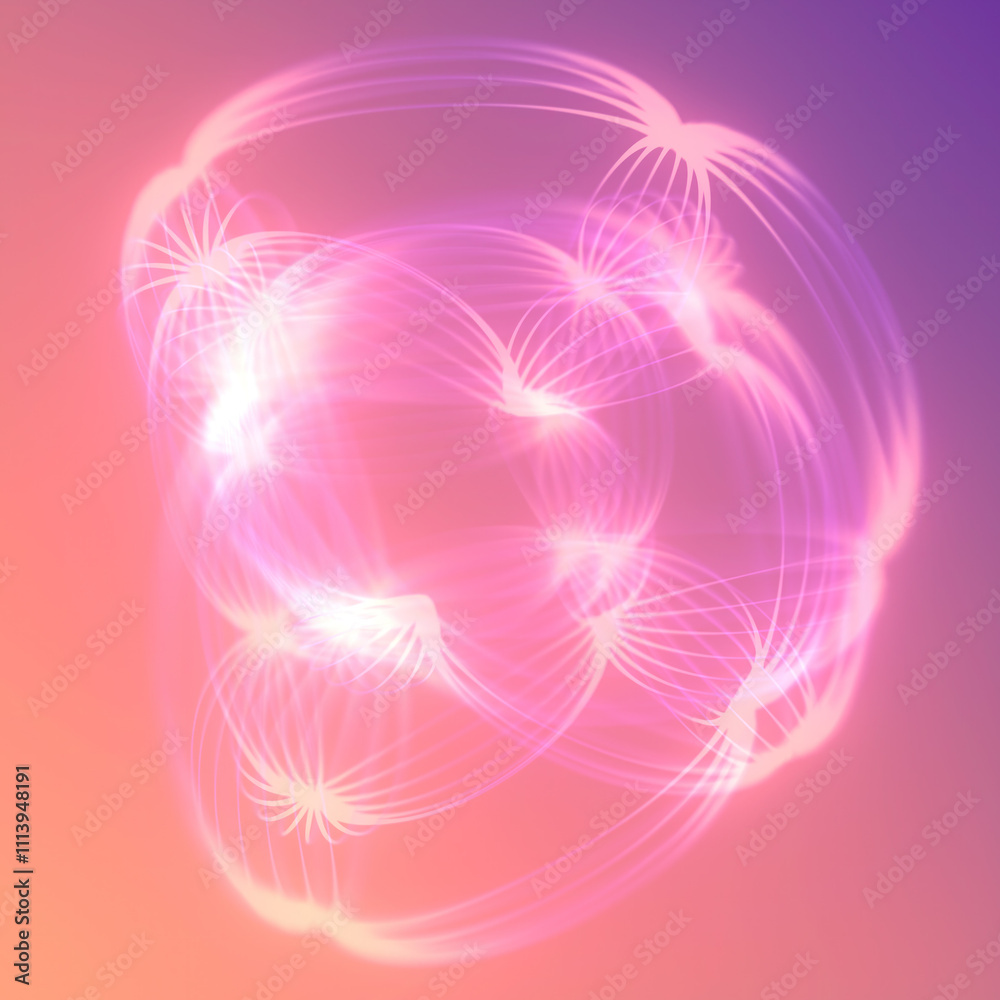 Fototapete Illustration with abstract geometric figures of oval shape made with thin glowing lines in shades of pink, creating a soft glowing effect. 3d rendering