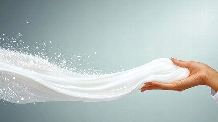 Fluid motion of white silk in female hand against soft green background