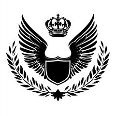 Black crown, wings, shield, and laurel wreath emblem.