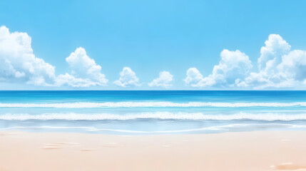 Fototapeta premium Serene Beach Scene with Crystal Clear Water, Gentle Waves, and Soft Sand Under a Bright Blue Sky and Fluffy White Clouds in a Tranquil Coastal Setting