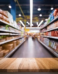 Obraz premium Empty wood table top on shelf in supermarket blurred background 