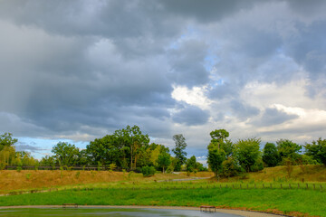 曇り空と緑に囲まれた公園の風景