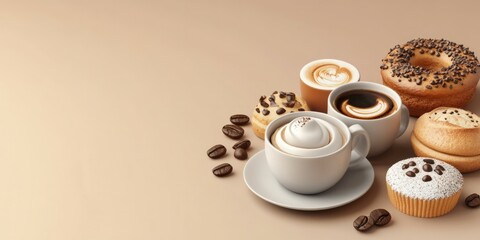 Coffee and bakery, diverse coffee flavor samples in cups