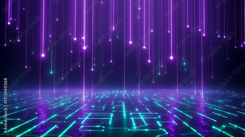 Poster vibrant digital background with cascading neon lights and futuristic circuit patterns on reflective 