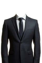 Dark business suit with red tie and white shirt on invisible mannequin, perfect for showcasing your designs