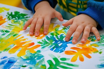 Child's hands gently touching a colorful finger painting of leaves, exploring textures and patterns