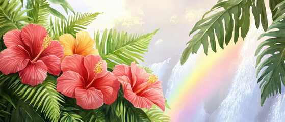 Naklejka premium vibrant watercolor scene featuring hibiscus flowers and lush greenery, with cascading waterfall and rainbow in background, evoking sense of tropical paradise
