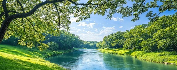 A tranquil summer scene of a river with several tributaries in a forested area, sunlight dappling through the trees, vibrant and lush greenery all around