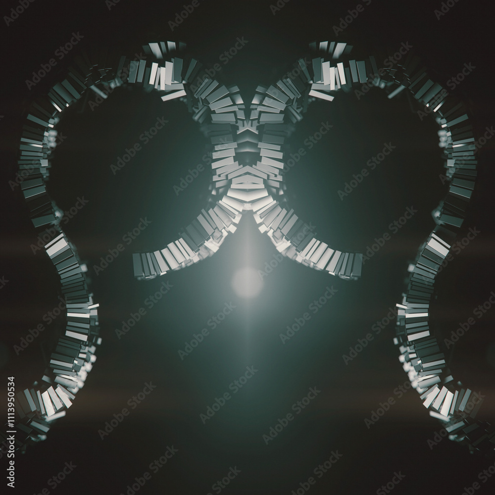 Aufkleber Abstract symmetric digital illustration with smooth wave made of shiny metallic rectangles. 3d rendering