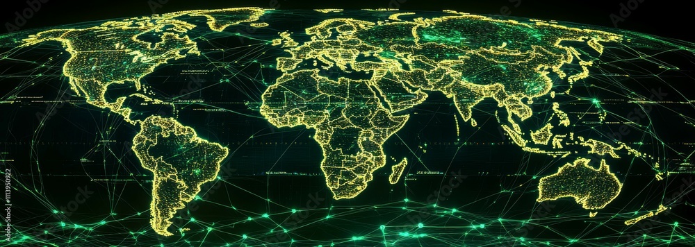 Poster Glowing green yellow digital world map. Global internet network telecom and communication. Generative AI technology.	
