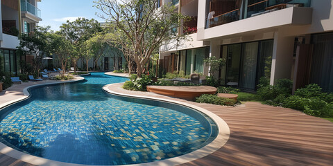 Piscine sinueuse dans un complexe résidentiel moderne entourée de terrasses en bois et de jardins paysagers