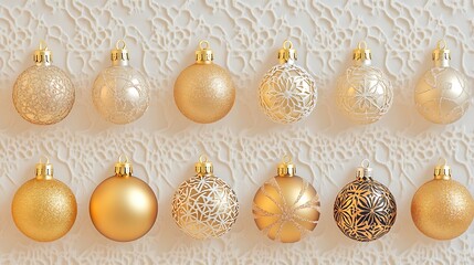 Fototapeta premium Gold Beige Christmas Ornaments on Lace Background Festive Holiday Decoration