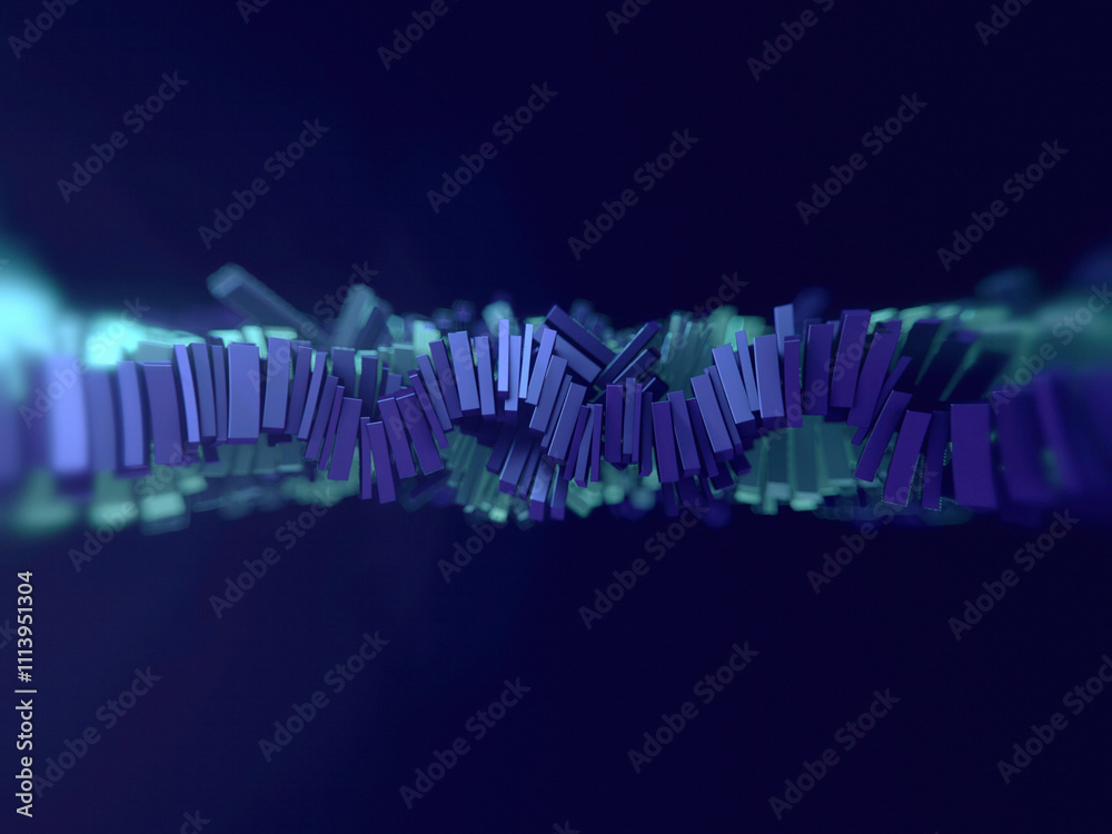 Leinwandbilder Digital illustration of shiny metallic rectangles of blue-green color forming a horizontal line on a dark blue background. 3d rendering
