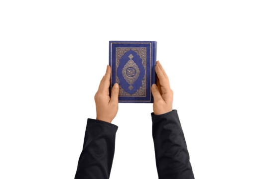 Female hands holding the Quran. Book with Arabic title All Quran. Muslim religious scripture. Isolated background.