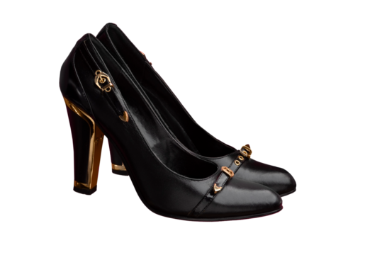Black pointed toe ladies shoes with buckles and gold heel. Classic women's shoes.