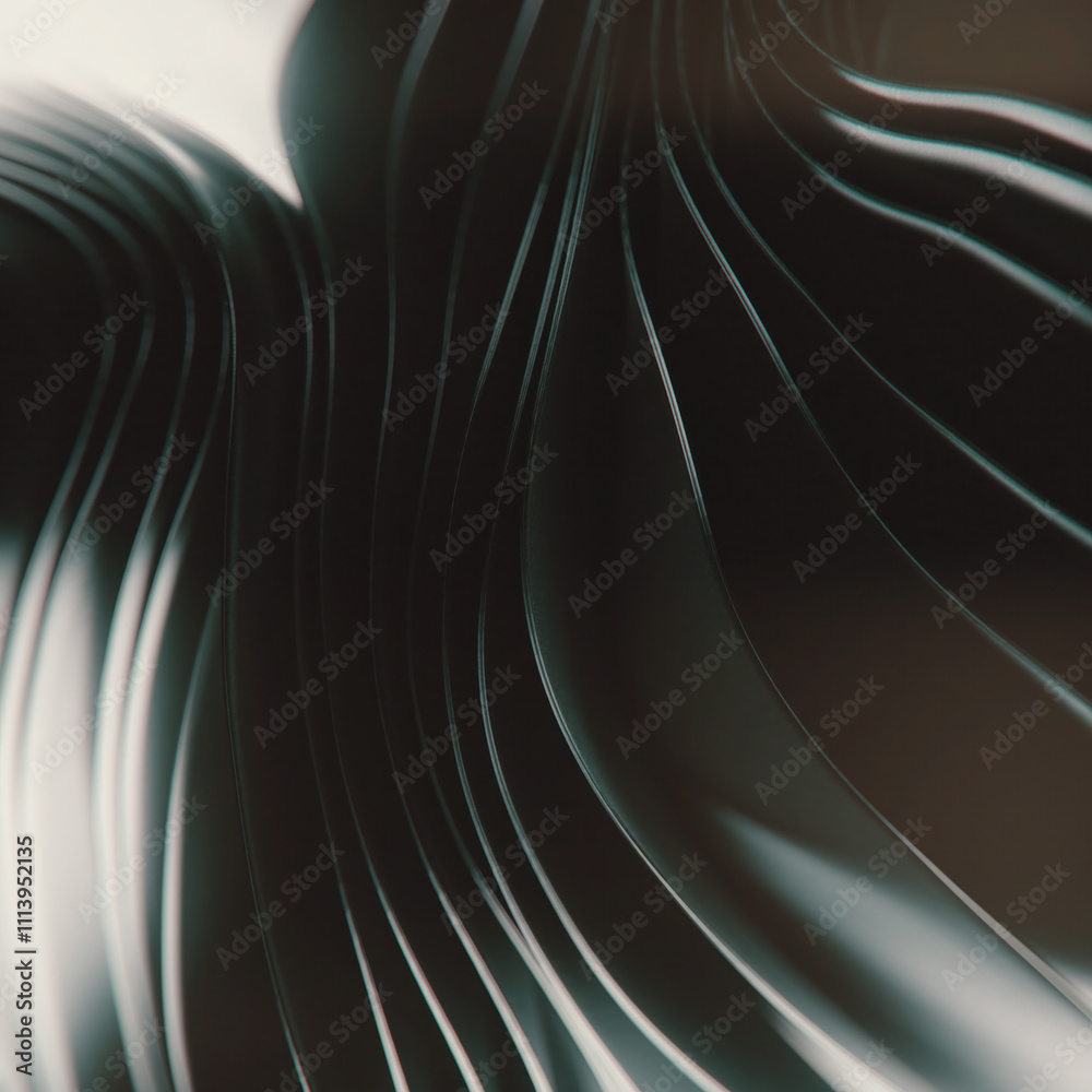 Fototapete Abstract pattern of flying stripes of metallic shiny dark fabric where waves of light shimmer to create a harmonious dance. 3d rendering digital illustration