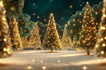 Enchanting winter scene with many illuminated Christmas trees covered in snow, creating a magical atmosphere. Ideal for holiday cards, calendars, or winter-themed projects.