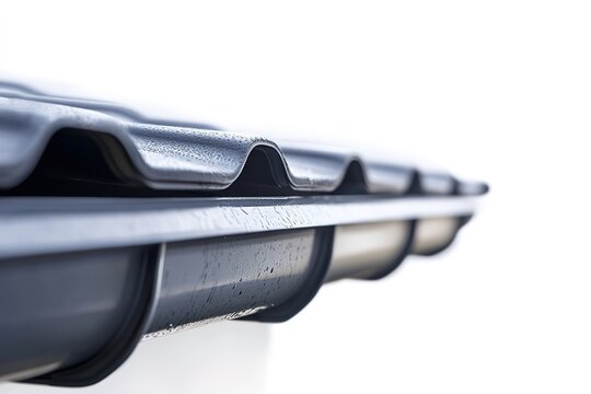 Close-up of rain gutter on white background, focus on water drops