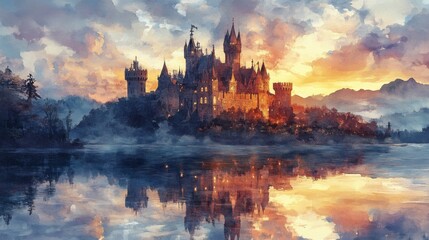 Fototapeta premium Enchanted Castle at Sunset Reflected on Lake