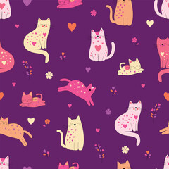 Cute Cats Seamless Pattern with Hearts and Floral Elements