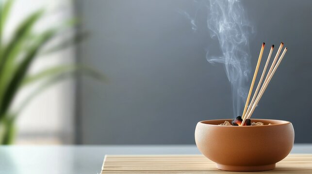 Isolated Incense Stand with Incense Sticks Shiny Ceramic Incense Vase or Censer with on Background with Copy Space Used during Meditation Religious Practice