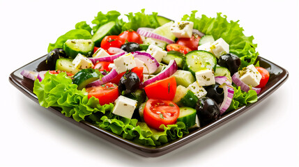 Square Plate of Greek Salad: A square plate filled with Greek salad, isolated on a white background.