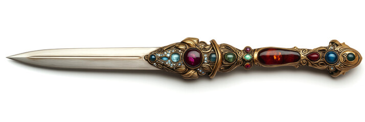 Ornate dagger featuring colorful gemstones, isolated on a white background, showcasing craftsmanship and luxury