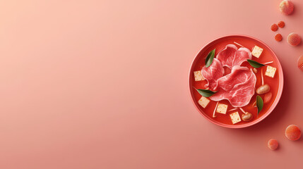 vibrant plate of Chinese hotpot ingredients featuring thinly sliced meat, tofu, and garnishes, set against soft pink background