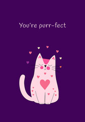Cute Cat Valentine Card with Heart Design You're Purr-fect Cat Valentine Illustration